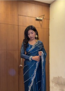 Prussian Blue organza Sari Heavy Silverwork - SPrBOzSi031