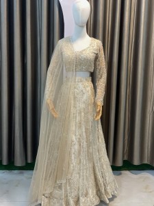 Light Golden Flower Beaded Silver Lehenga  - BLLiGolFlo028