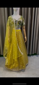 Yellow Lehenga Golden Sequins Green Eye-Cup Beaded Blouse - MLYGolSeGrBeBlo022