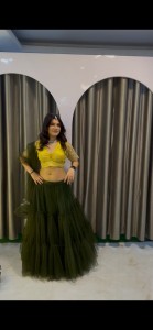 Army Green Frills Lehenga With Yellow Blouse - MLGrFriYBlo002