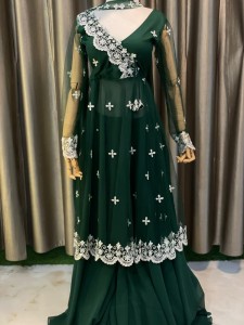 Green Net White Flower Long Sarara Set Choli Design - SSGrWFloChoD028