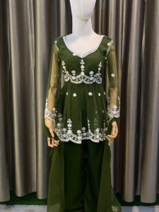 Mehendi Green Sarara with Flower Butta - SSGrFlo019