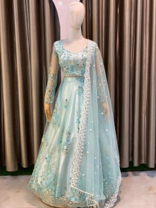 Light Sea Sky Lehenga With Sea, Sky Golden Details - NLLiSkGolD057