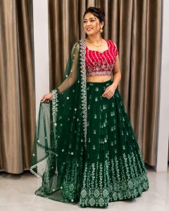 Green lehenga with Pink blouse