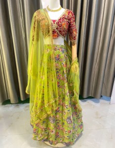 Parrot green Multi Flower Lehenga with Rani Pink Blouse