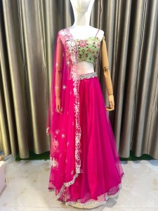 Rani Pink Lehenga and lemon Green Rajestani Blouse