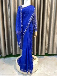 Blue Silver embroidered Sari Set
