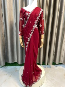 Maroon Silver embroidered Sari