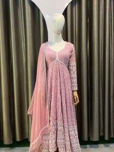 Baby Pink Anarkali White Flower Butta - AGBaPiWFloBu001
