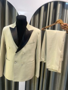 Cream double bottom coat pant with black silk Collar