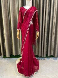 Rani pink Organza silver work sari
