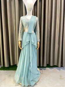 Nude Sky Design Skirt Attached Shawl With Beaded Blouse
