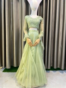 Lemon Green Organza mermaid Skirt With beaded Blouse