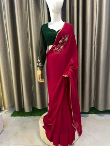Rani Pink Sari with Green Blouse (beaded Sleeves)