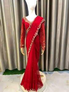 Red Handwork Golden details Sari