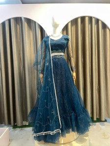 Prussian Blue Organza Lehenga
