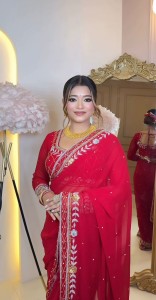RED BRIDAL SARI WITH SILVER AND GOLDEN HANDWORK