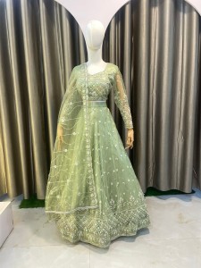 Prussian Green peach sequins Lehenga