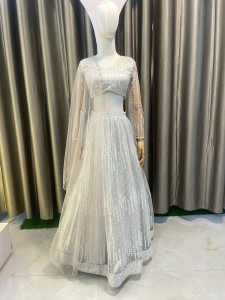 Grey White Lining Flower Lehenga