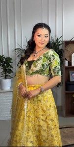 YELLOW LEHENGA WITH CONTRAST EYE-CUP DESINGE BLOUSE