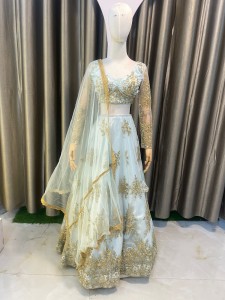 Ocean Blue Lehenga with Golden Flowers