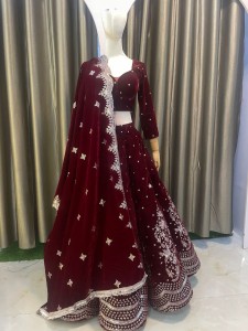 Maroon Velvet panel silver details Lehenga