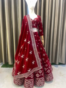 Blood red Velvet Lehenga Eye cup silver sequins