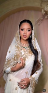 white saree with rose gold details