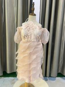 Peach organza Baby frock chest beaded with fills