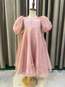 Peach Organza baby frock with puffed sleeves