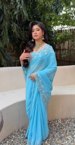 Sky Blue Embroidery sari with Silver details