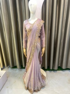 Light Lavender Organza Rose Gold Work Sari