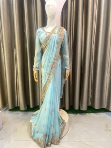 Sky Blue heavy Sari with Rose Gold Work