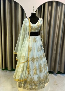 SKY LEHENGA WITH GODEN DETAILS