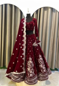 MAR00N VELVET LEHENGA WITH SILVER DETAILS