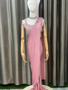 Peach Stretchable Sari with Sequin Blouse
