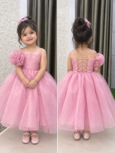 Peach Organza Baby Frock with String & Front Rose Flower